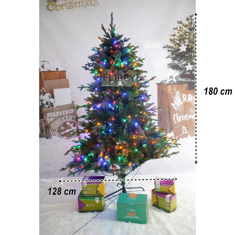 Brad Artificial de Craciun, Becuri led incluse in ramuri, pentru interior/exterior, inaltime 180 cm, diametru 128 cm, 1246 ramuri, verde, suport metalic inclus