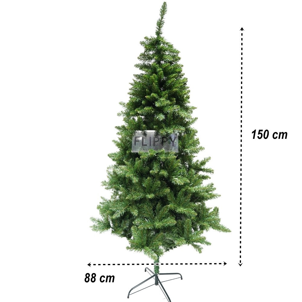 Brad artificial de Craciun, clasic, pentru interior/exterior, inaltime 150 cm, diametru 88 cm, 437 ramuri, verde, suport metalic inclus
