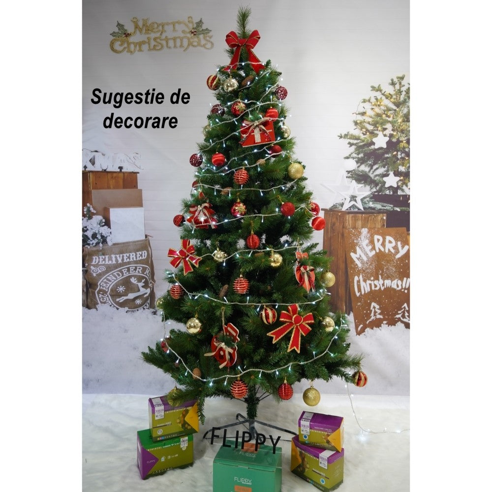 Brad artificial de Craciun, Decorat cu conuri de pin, pentru interior/exterior, inaltime 210 cm, diametru 114 cm, 1057 ramuri, verde, suport metalic inclus