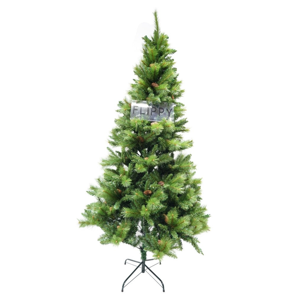 Brad artificial de Craciun, Decorat cu conuri de pin, pentru interior/exterior, inaltime 210 cm, diametru 114 cm, 1057 ramuri, verde, suport metalic inclus