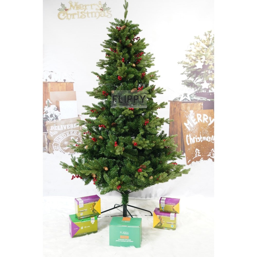 Brad artificial de Craciun, decorat cu conuri pin rosii, inaltime 150 cm, diametru 68 cm, 506 ramuri, verde, suport metalic inclus