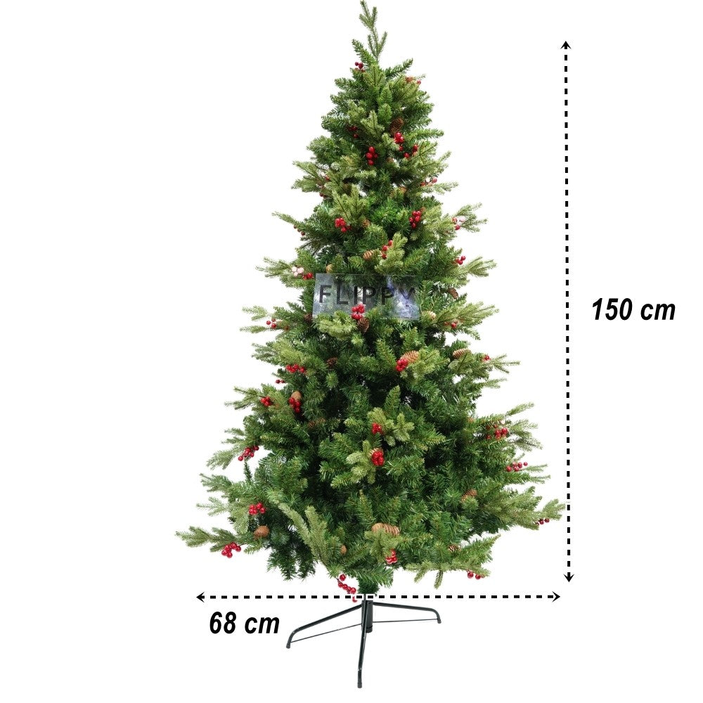Brad artificial de Craciun, decorat cu conuri pin rosii, inaltime 150 cm, diametru 68 cm, 506 ramuri, verde, suport metalic inclus