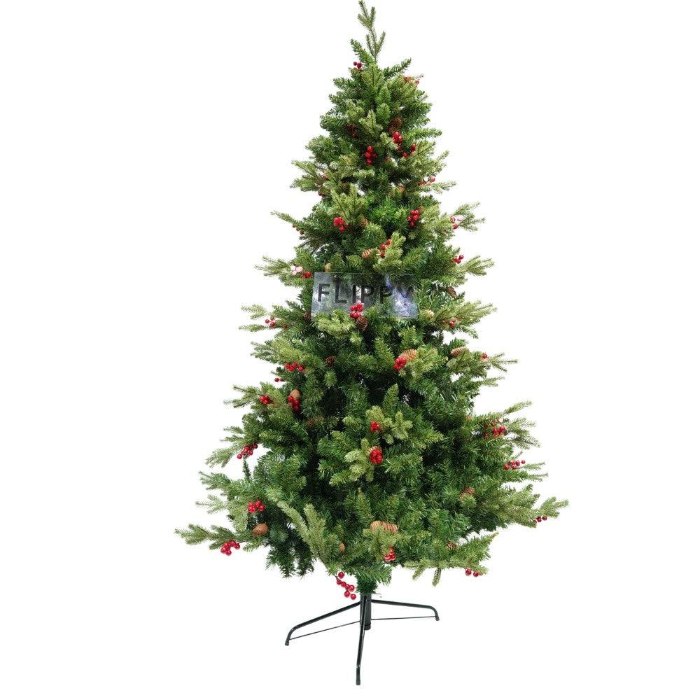 Brad artificial de Craciun, decorat cu conuri pin rosii, inaltime 150 cm, diametru 68 cm, 506 ramuri, verde, suport metalic inclus