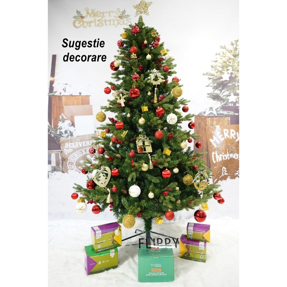 Brad artificial de Craciun, decorat cu conuri pin rosii, inaltime 210 cm, diametru 137 cm, 1172 ramuri, verde, suport metalic inclus