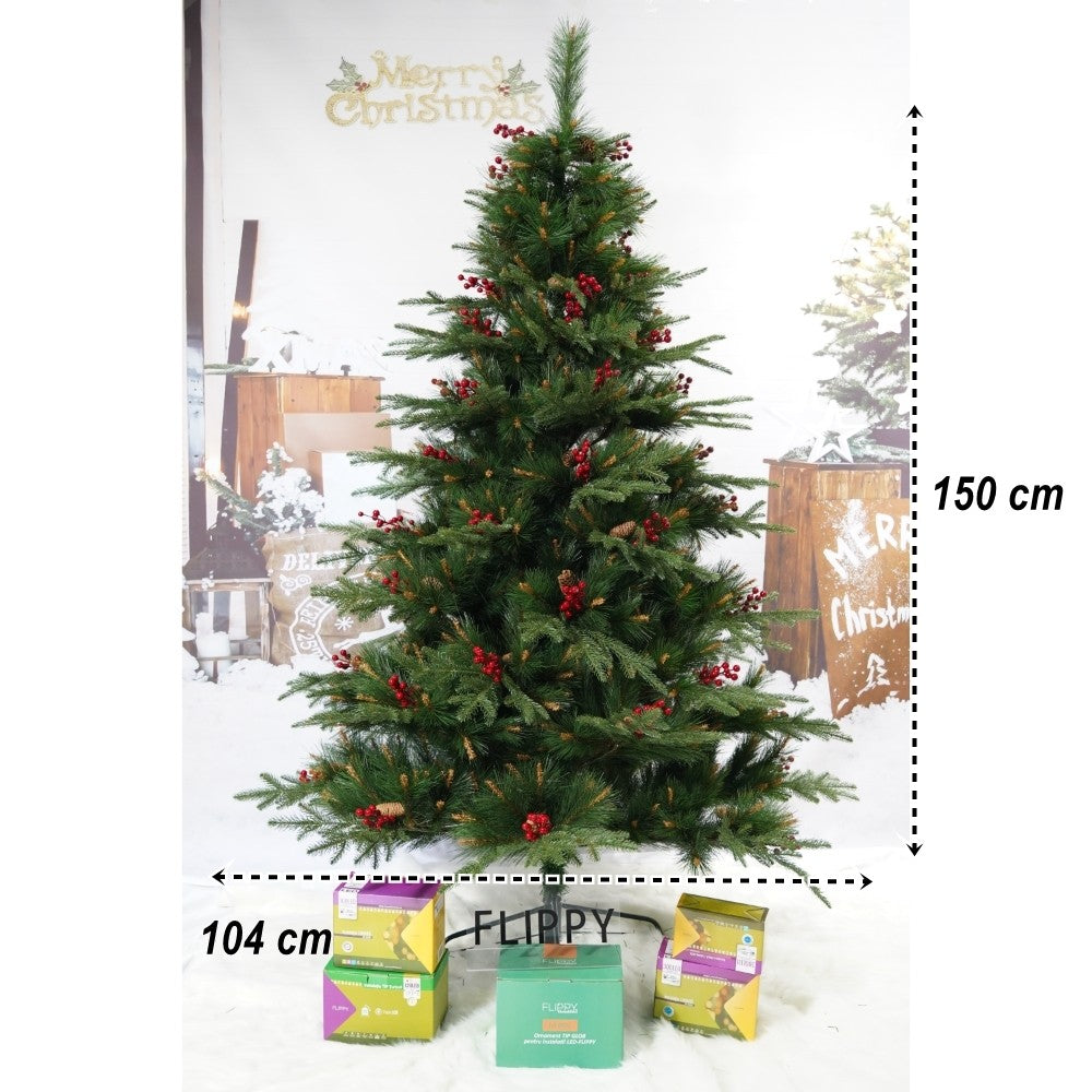 Brad artificial de Craciun, decorat cu conuri pin rosii, pentru interior/exterior, inaltime 150 cm, diametru 104 cm, 323 ramuri, verde, suport metalic inclus
