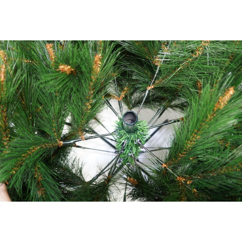 Brad artificial de Craciun, decorat cu conuri pin rosii, pentru interior/exterior, inaltime 210 cm, diametru 142 cm, 767 ramuri, verde, suport metalic inclus