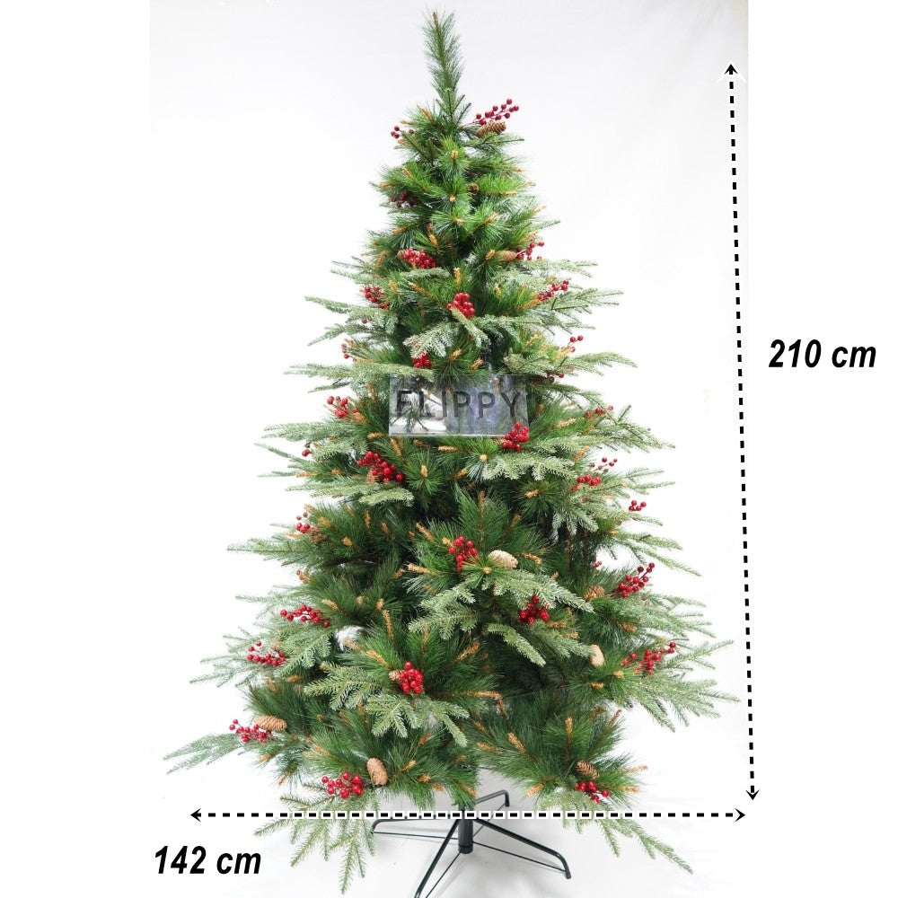 Brad artificial de Craciun, decorat cu conuri pin rosii, pentru interior/exterior, inaltime 210 cm, diametru 142 cm, 767 ramuri, verde, suport metalic inclus
