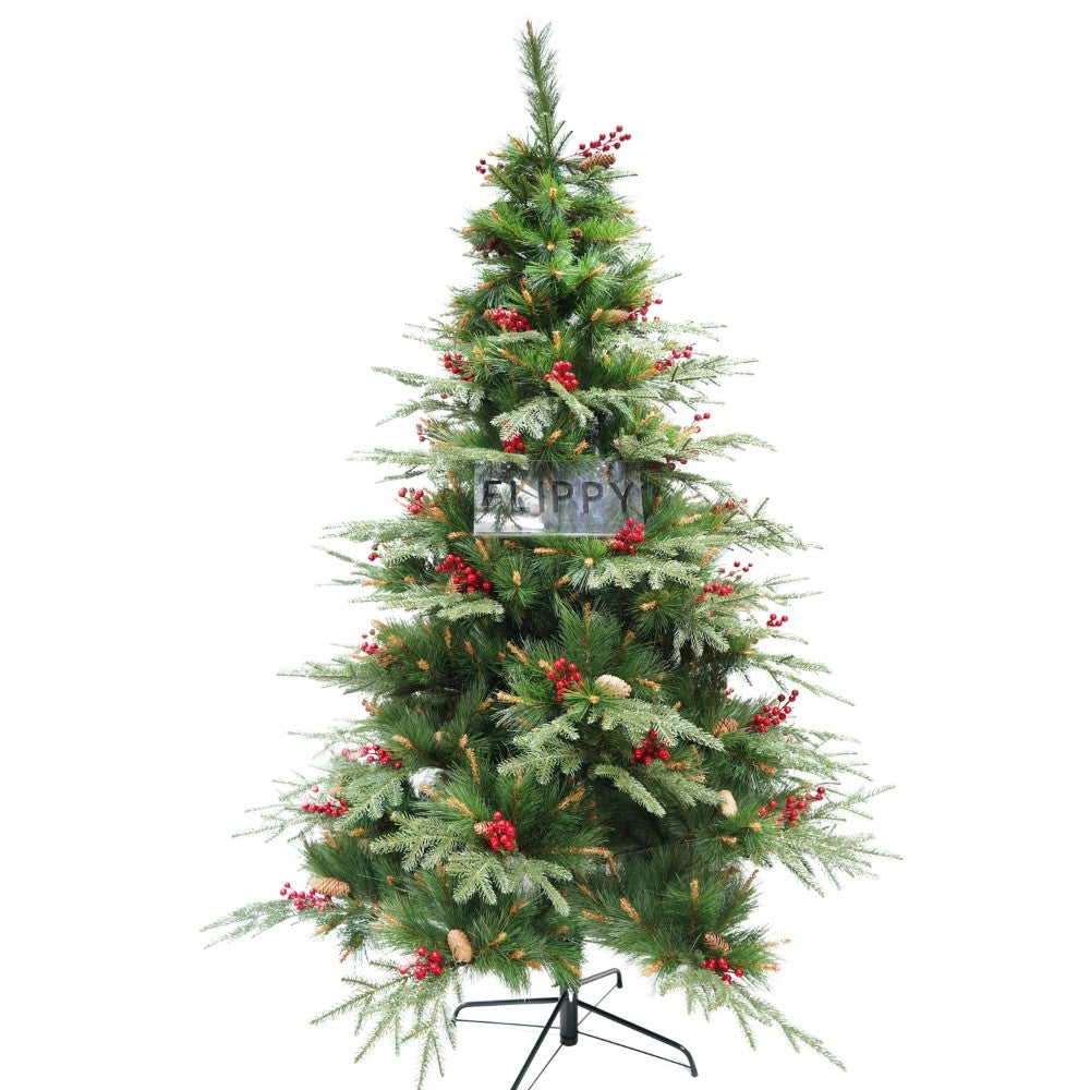 Brad artificial de Craciun, decorat cu conuri pin rosii, pentru interior/exterior, inaltime 210 cm, diametru 142 cm, 767 ramuri, verde, suport metalic inclus