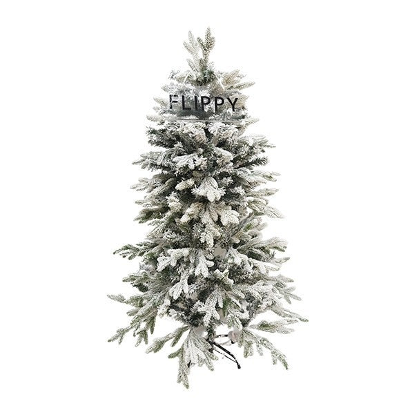 Brad Artificial de Craciun, Flippy, 1.5 m inaltime, Verde, Pulverizat complet alb-tip zapada, Interior/ Exterior, Ramuri bogate, Resigilat