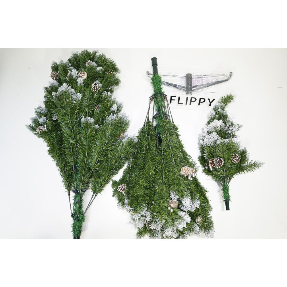 Brad artificial de Craciun nins, decorat cu conuri pin, pentru perete/colt, inaltime 180 cm, 862 ramuri, verde, suport metalic inclus