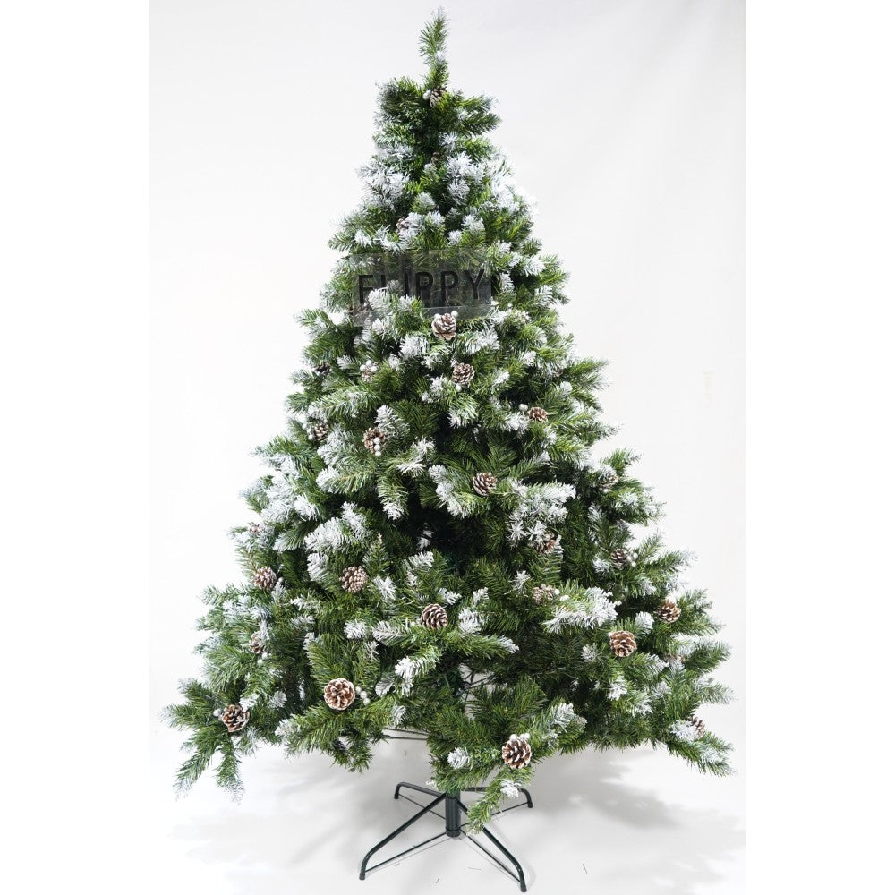 Brad artificial de Craciun nins, decorat cu conuri pin, pentru perete/colt, inaltime 180 cm, 862 ramuri, verde, suport metalic inclus