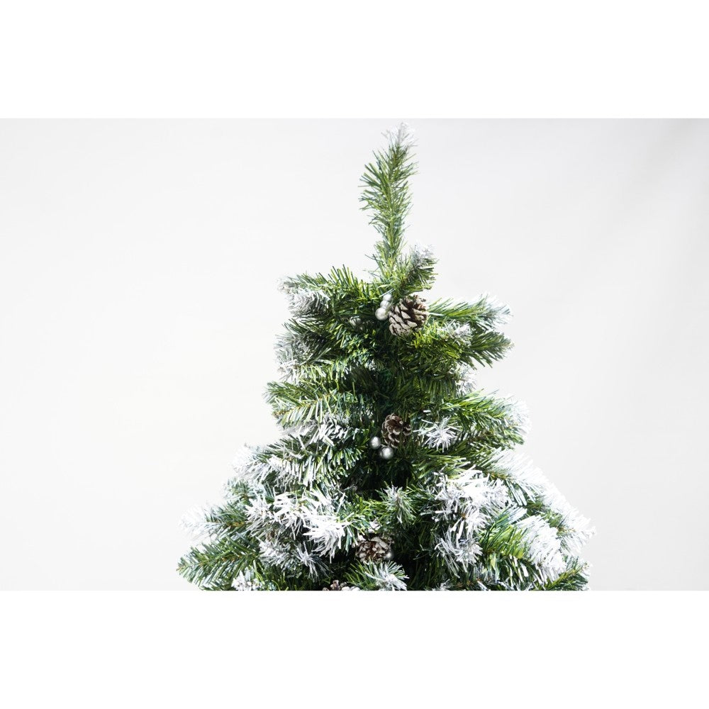 Brad artificial de Craciun nins, decorat cu conuri pin, pentru perete/colt, inaltime 180 cm, 862 ramuri, verde, suport metalic inclus