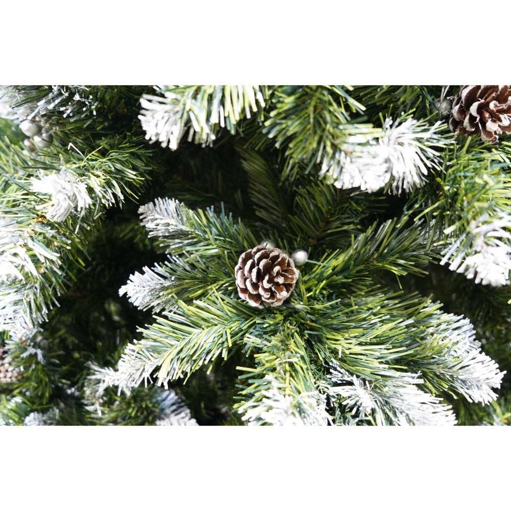 Brad artificial de Craciun nins, decorat cu conuri pin, pentru perete/colt, inaltime 180 cm, 862 ramuri, verde, suport metalic inclus