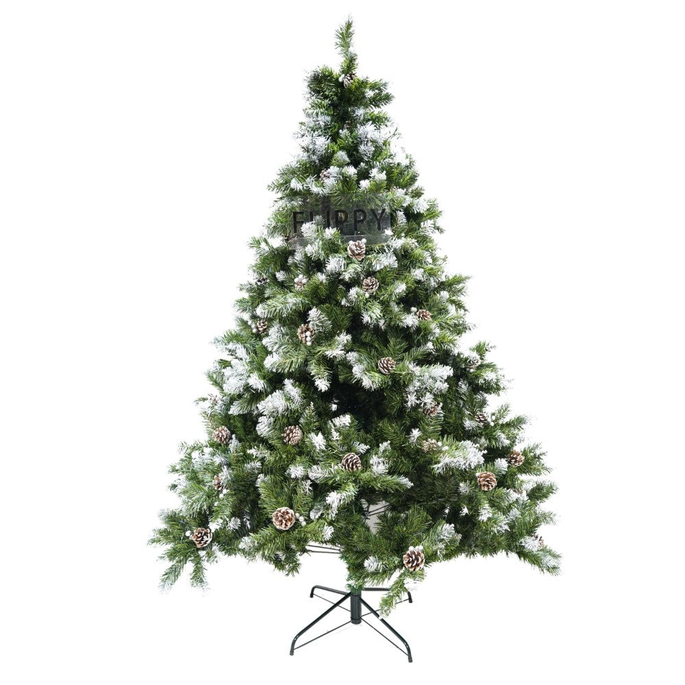 Brad artificial de Craciun nins, decorat cu conuri pin, pentru perete/colt, inaltime 180 cm, 862 ramuri, verde, suport metalic inclus