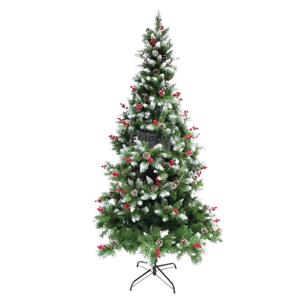 Brad artificial de Craciun Premium tip nins, decorat cu conuri pin rosii, inaltime 240 cm, 863 ramuri bogate, verde, suport metalic inclus