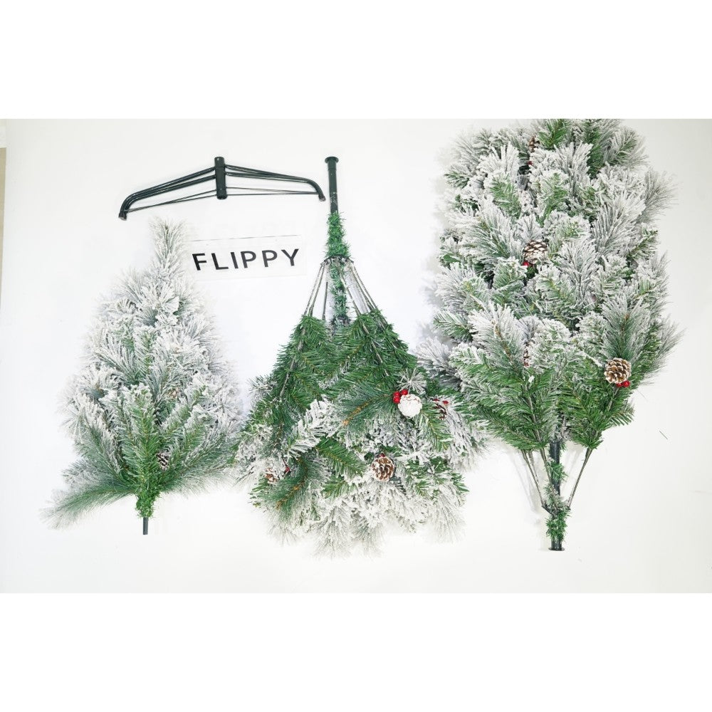 Brad artificial de Craciun nins intens, decorat cu conuri pin, pentru interior/exterior, inaltime 180 cm, diametru 120 cm, 502 ramuri, alb/verde, suport metalic inclus