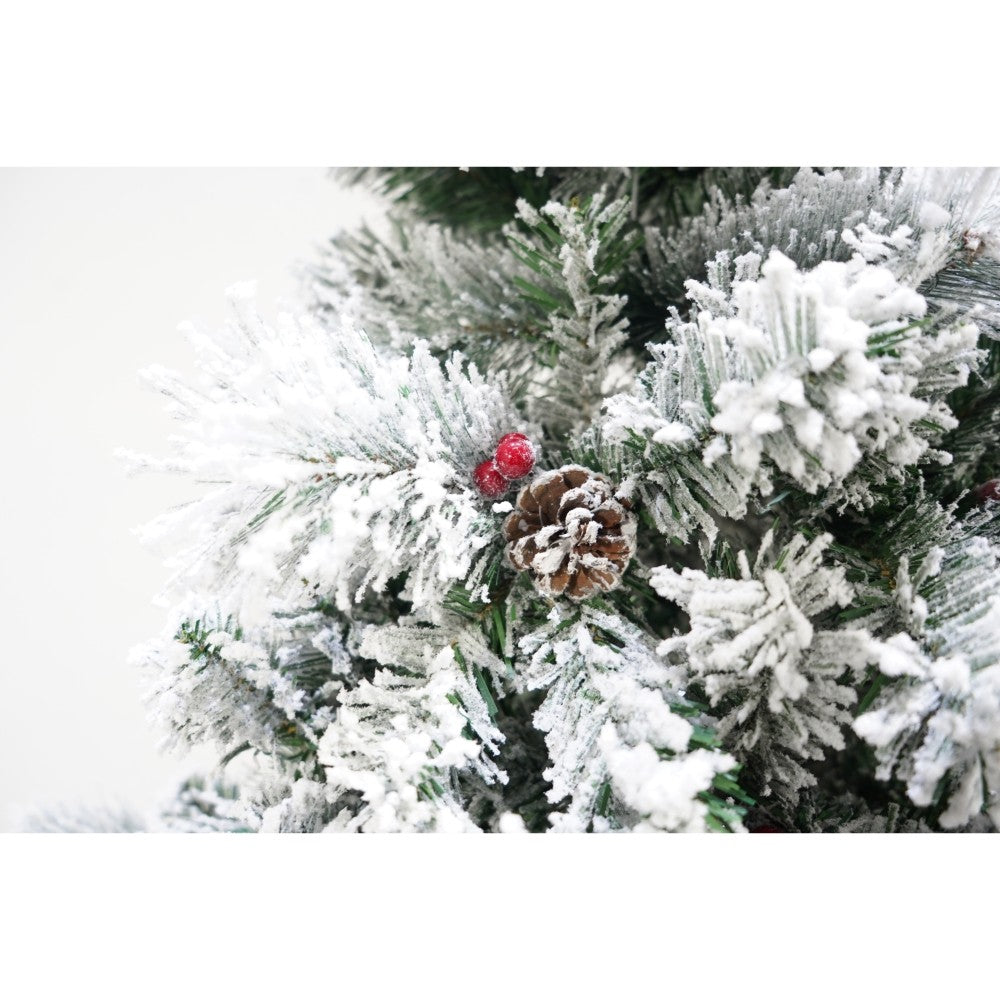 Brad artificial de Craciun nins intens, decorat cu conuri pin, pentru interior/exterior, inaltime 180 cm, diametru 120 cm, 502 ramuri, alb/verde, suport metalic inclus