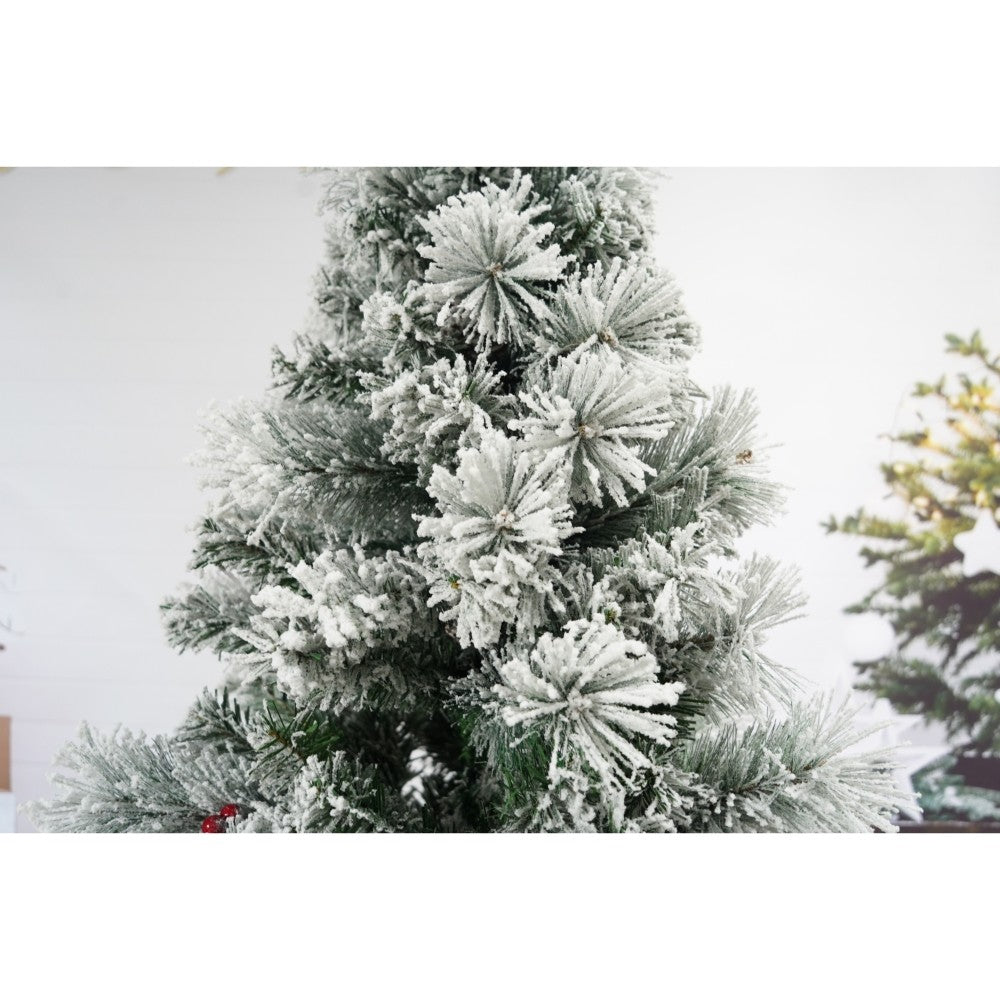 Brad artificial de Craciun nins intens, decorat cu conuri pin, pentru interior/exterior, inaltime 180 cm, diametru 120 cm, 502 ramuri, alb/verde, suport metalic inclus