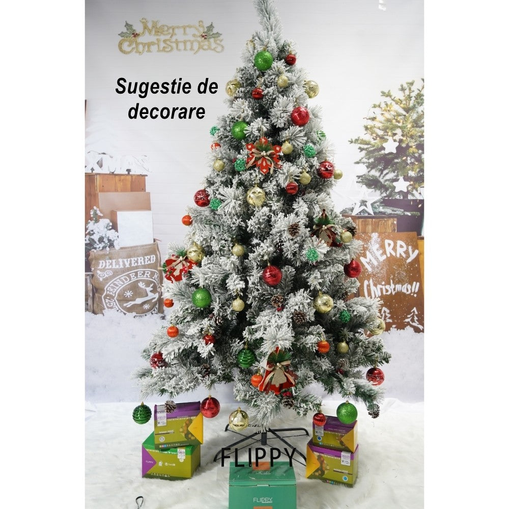 Brad artificial de Craciun nins intens, decorat cu conuri pin, pentru interior/exterior, inaltime 180 cm, diametru 120 cm, 502 ramuri, alb/verde, suport metalic inclus
