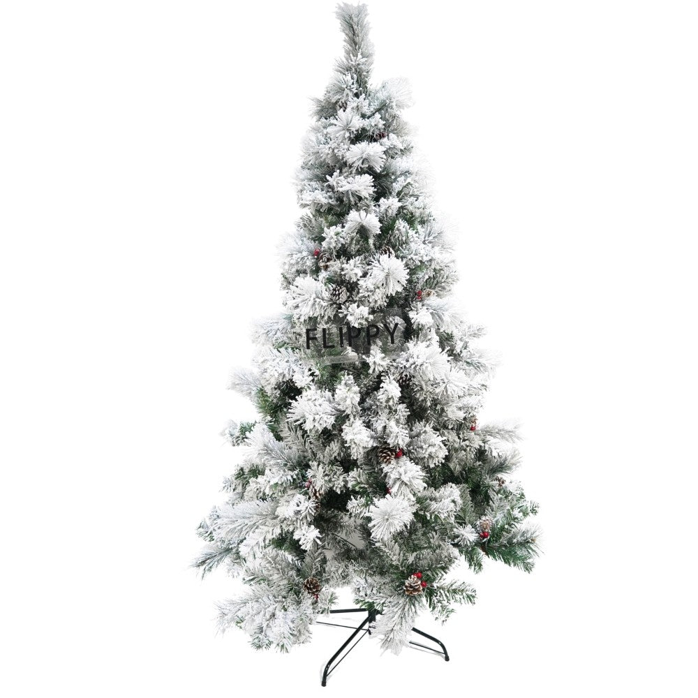 Brad artificial de Craciun nins intens, decorat cu conuri pin, pentru interior/exterior, inaltime 180 cm, diametru 120 cm, 502 ramuri, alb/verde, suport metalic inclus