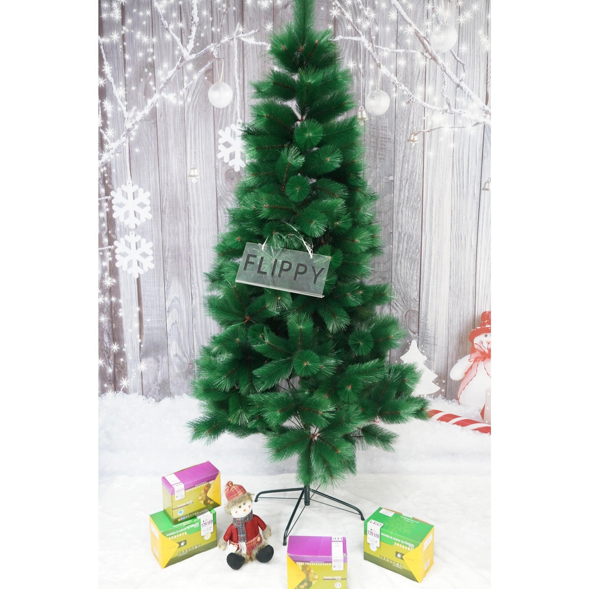 Brad artificial de Craciun tip pin, inaltime 150 cm, diametru 85 cm, 160 ramuri cu ace 3D 12 cm, verde, suport metalic inclus