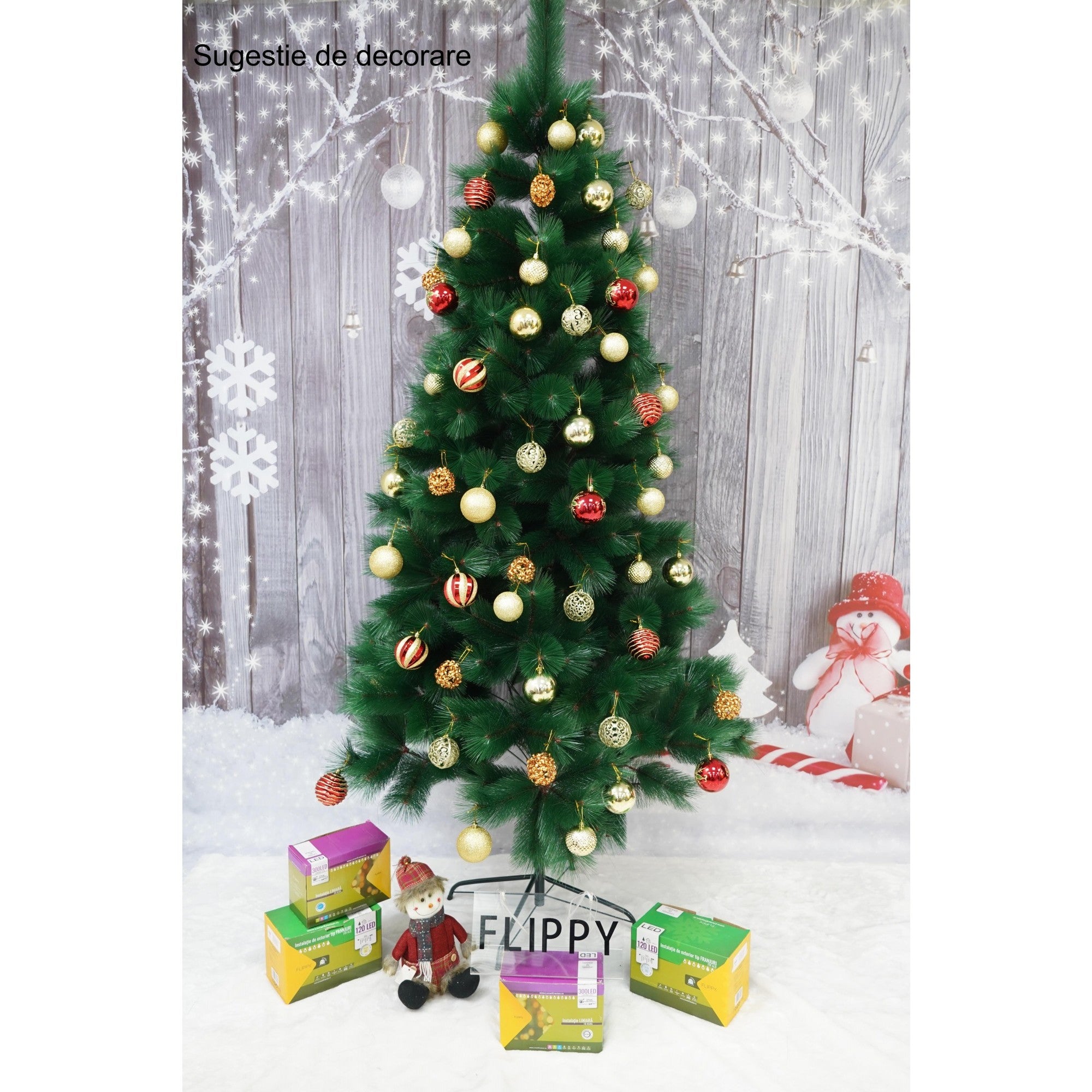 Brad artificial de Craciun tip pin, inaltime 150 cm, diametru 85 cm, 160 ramuri cu ace 3D 12 cm, verde, suport metalic inclus