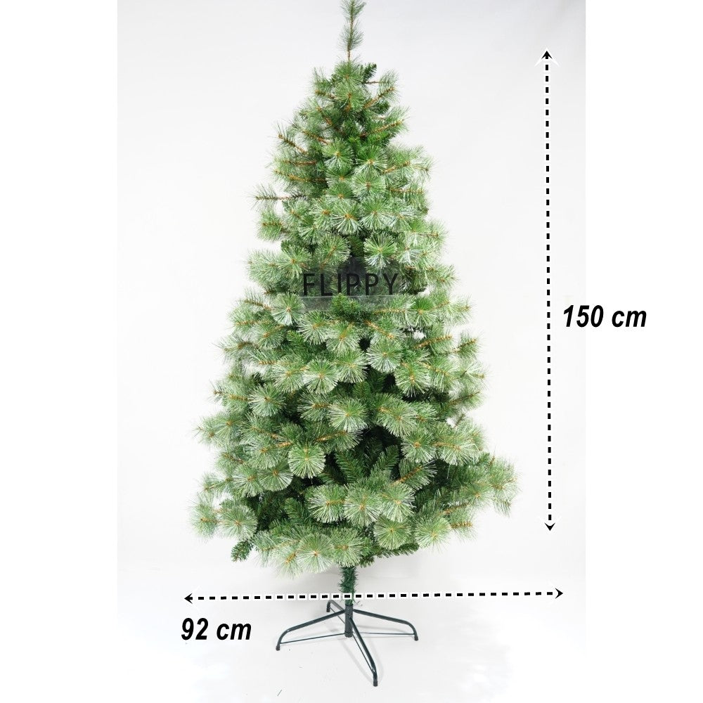 Brad artificial de Craciun tip pin, pentru interior/exterior, inaltime 150 cm, diametru 92 cm, 400 ramuri, verde, suport metalic inclus