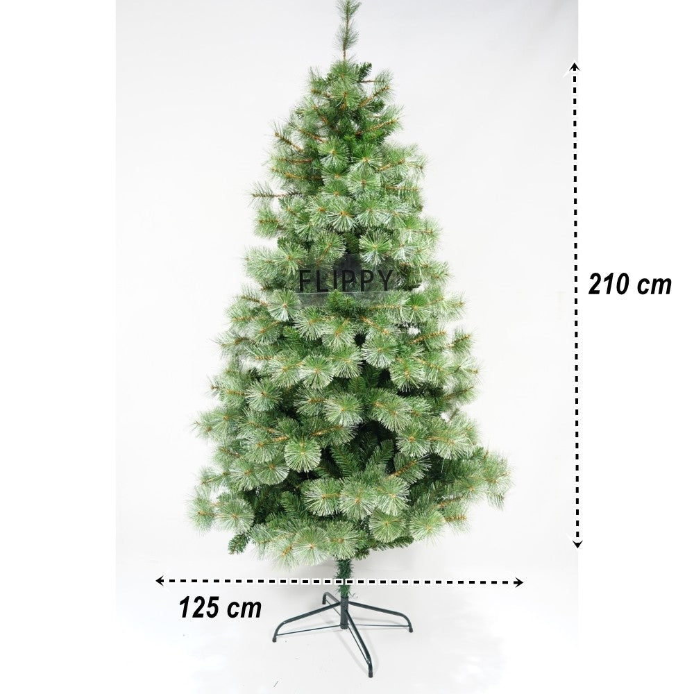 Brad artificial de Craciun tip pin, pentru interior/exterior, inaltime 210 cm, diametru 125 cm, 980 ramuri, verde, suport metalic inclus