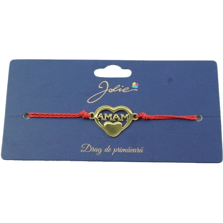 Mărțișor Brățară pentru Primăvară, Șnur Roșu Textil și Inox, Model Mama în Inimă, Reglabilă, Simbol al Iubirii și Recunoștinței pentru Mamă, Auriu