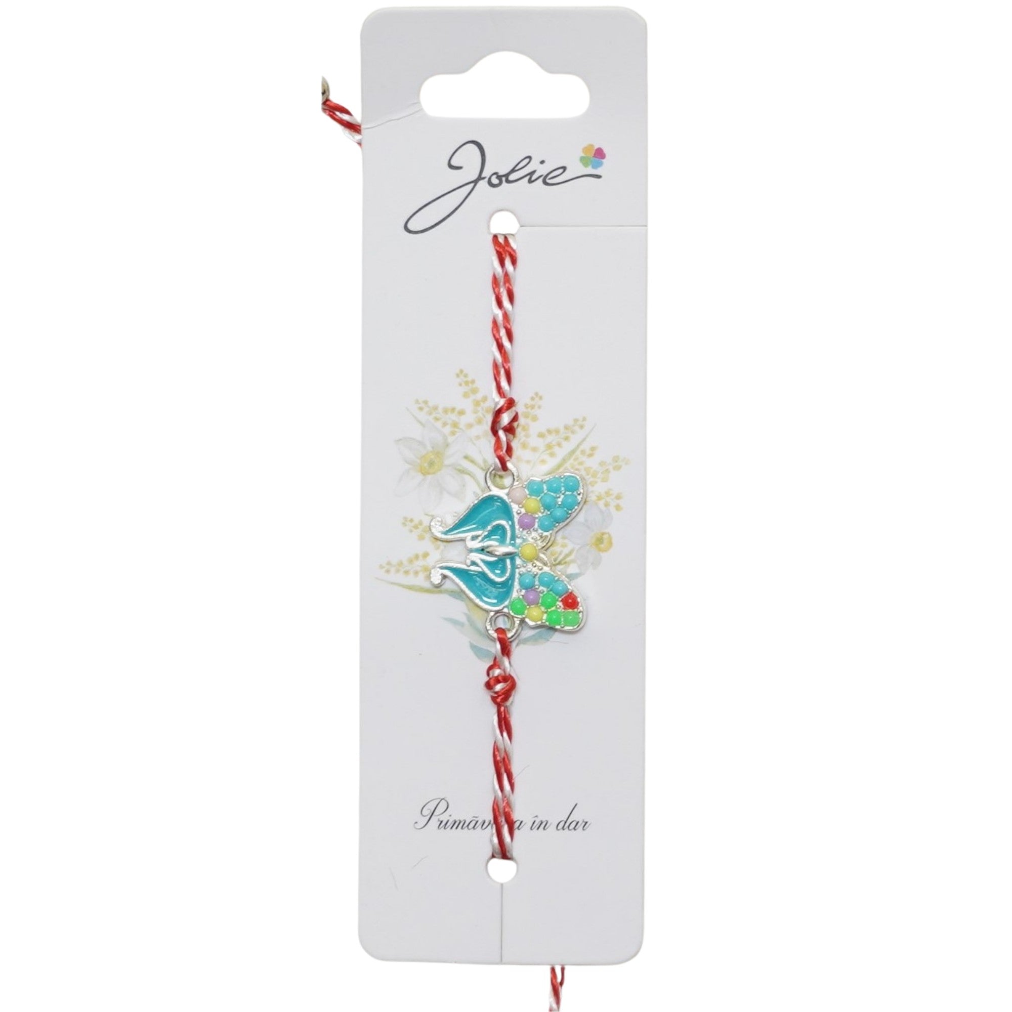 Martisor Bratara Snur Alb-Rosu, Pandantiv Metalic, Model Fluture Pietre si Email