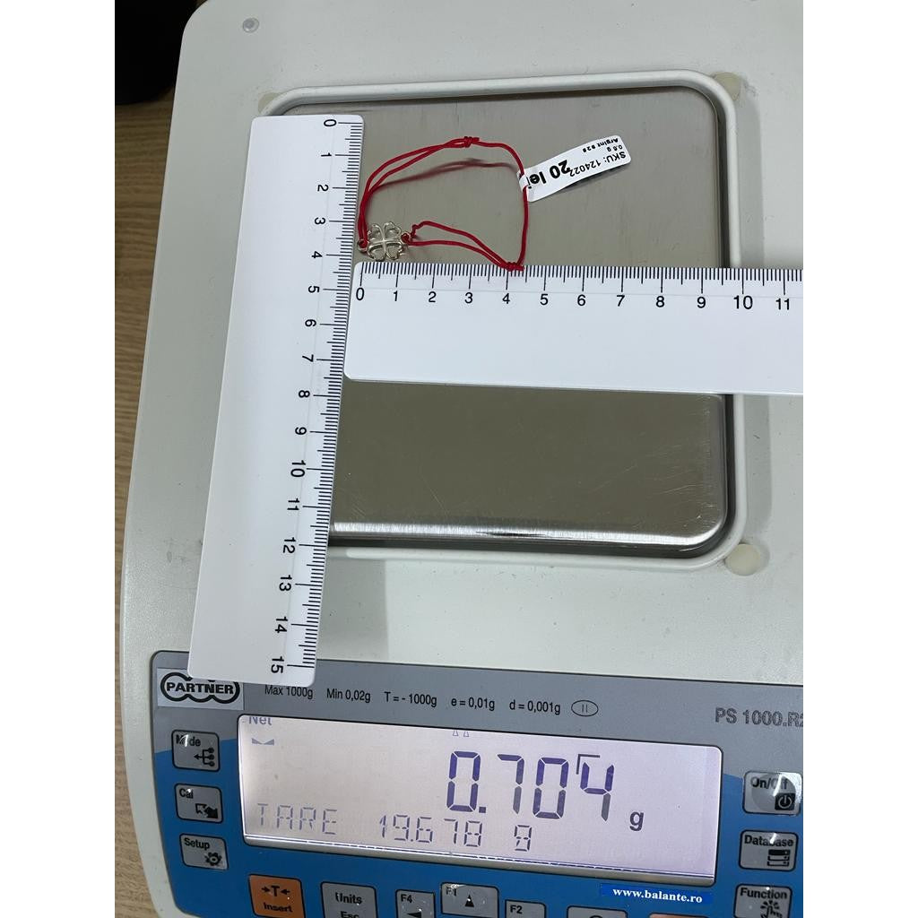 Bratara Snur Reglabil Rosu, Argint 925, Trifoi, 0.7 g, 15x10 mm