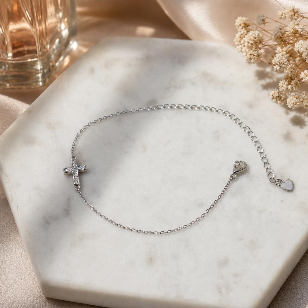 Brățară Damă din Argint 925, Model Cruce Rodiată cu Zirconii, Design Elegant și Strălucitor, Greutate 1.65 g, Argintiu