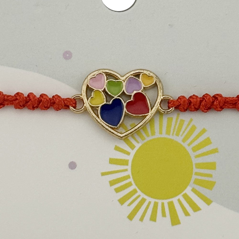 Bratara pentru Copii, cu Impletitura Snur Rosu, Model Inima Multicolora, Multicolor