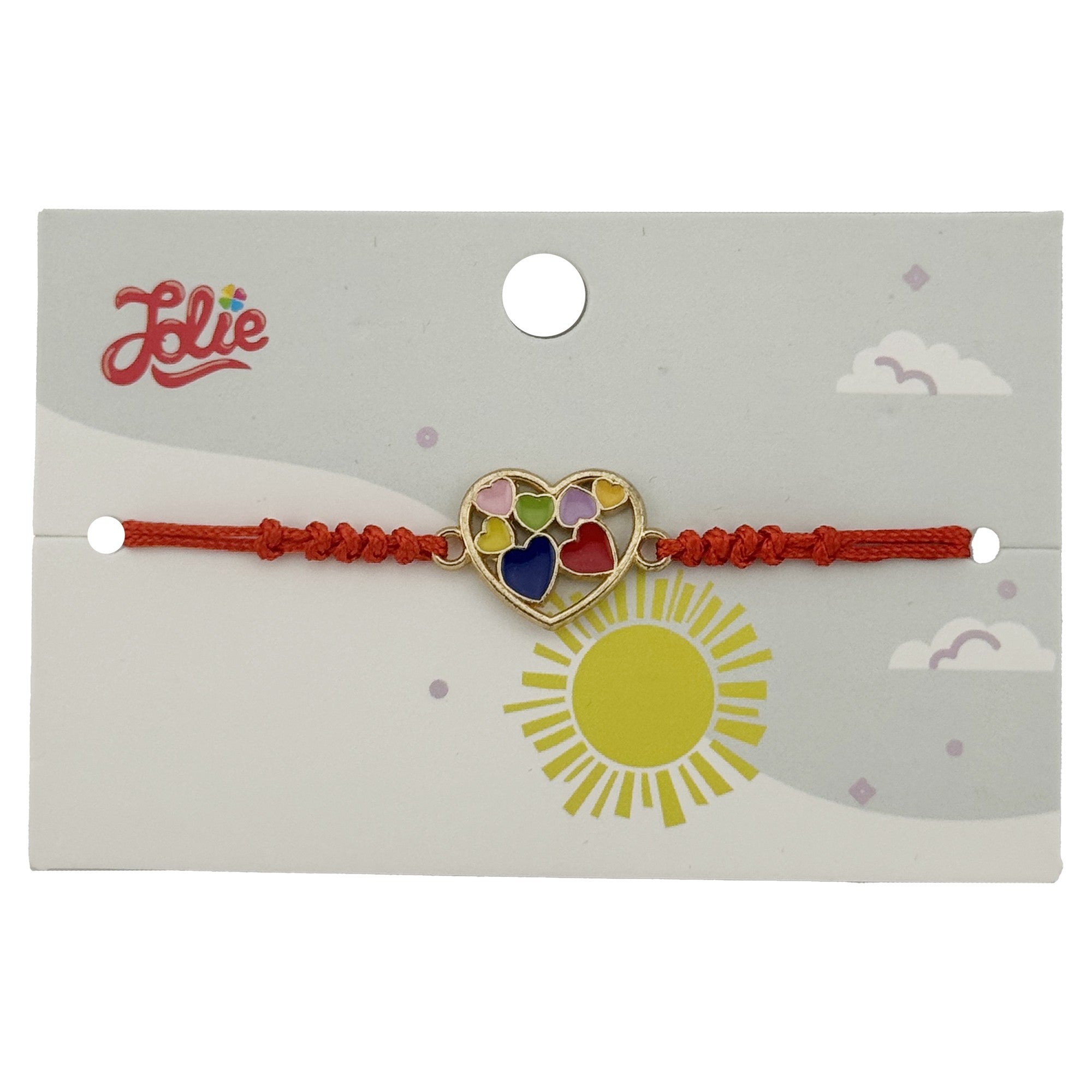 Bratara pentru Copii, cu Impletitura Snur Rosu, Model Inima Multicolora, Multicolor