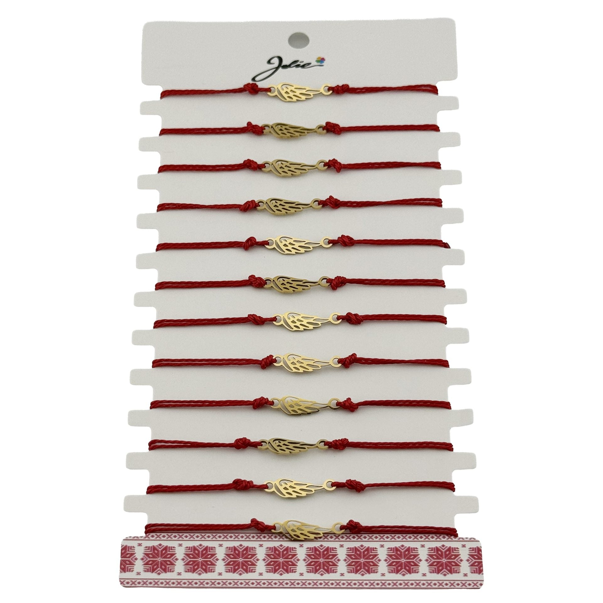 Bratara Martisor pentru Dama, Model Aripa, Set 12 bucati, Pandativ din Inox Auriu, Snur Ajustabil Impletit, Rosu