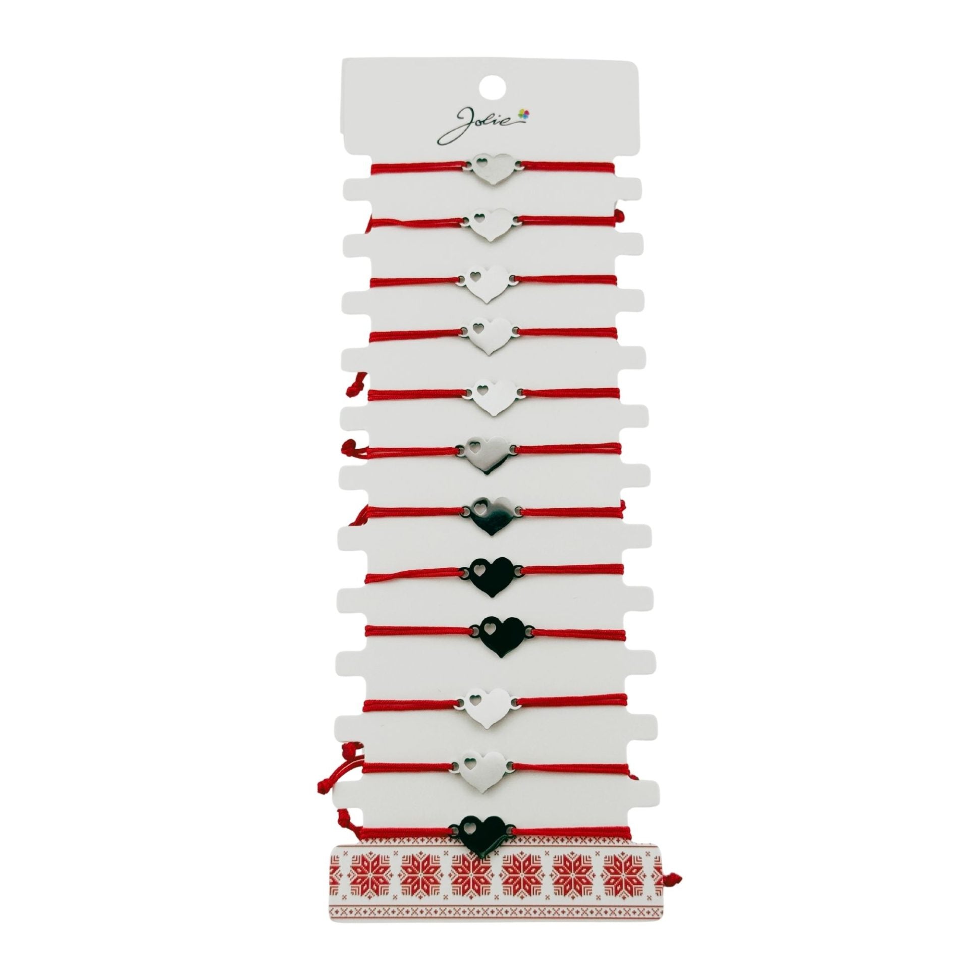Bratara Martisor pentru Dama, Model Inima, Set 12 bucati, Pandativ Argintiu din Inox cu Snur Rosu Ajustabil