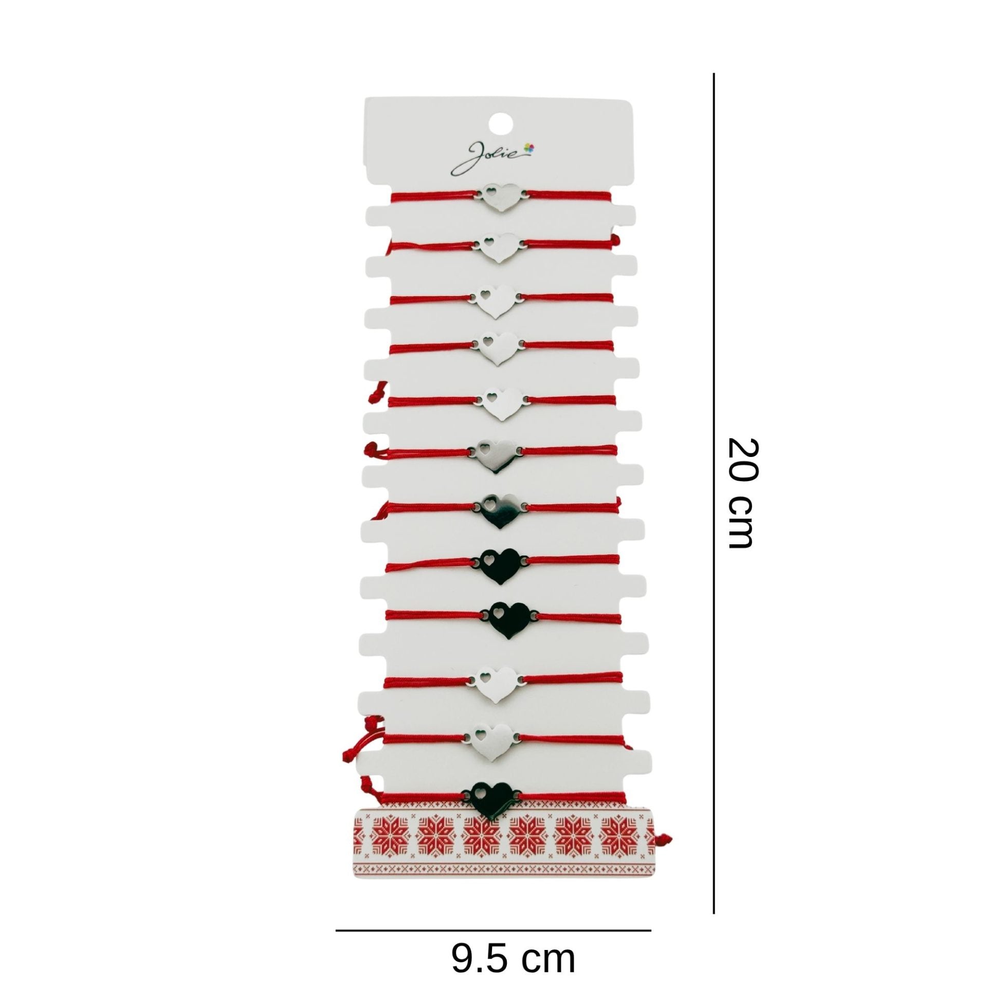 Bratara Martisor pentru Dama, Model Inima, Set 12 bucati, Pandativ Argintiu din Inox cu Snur Rosu Ajustabil