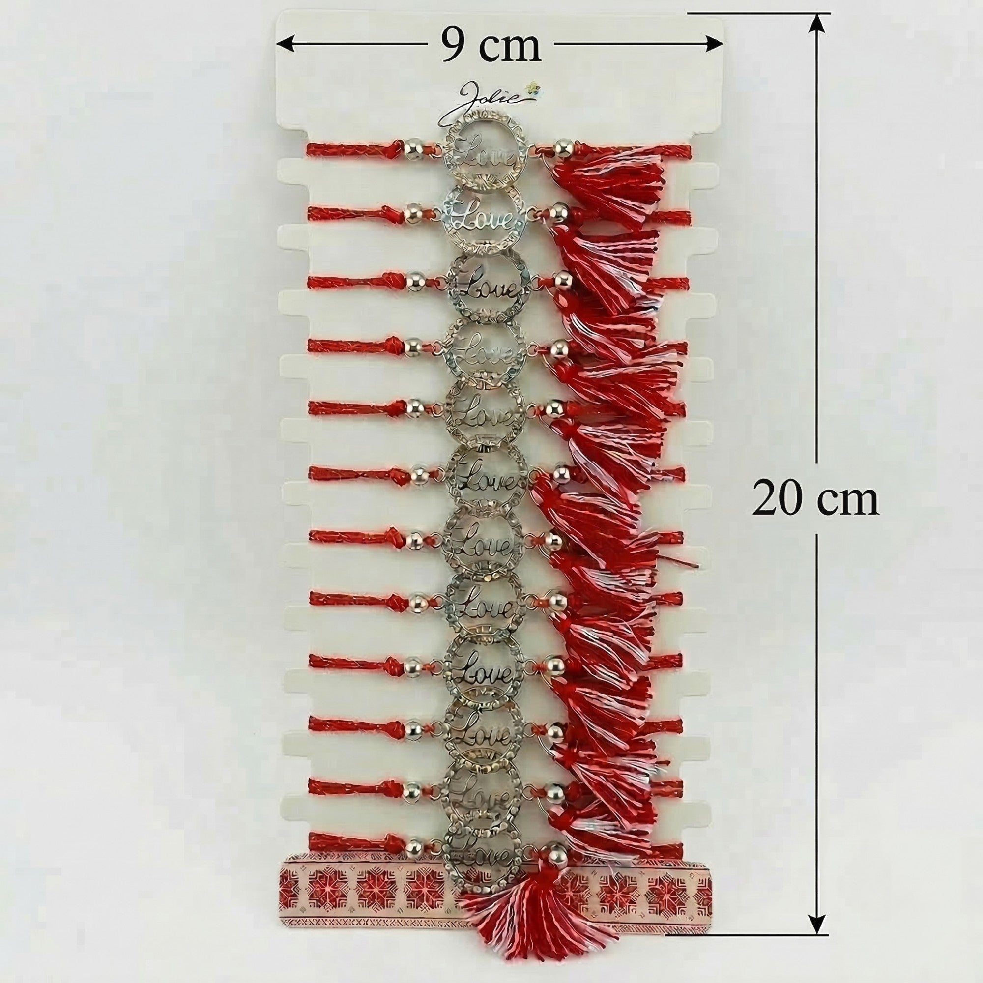 Bratara Martisor pentru Dama, Model Love, Set 12 bucati, Pandativ din Aliaj cu Cristale, Snur Ajustabil Impletit, Alb/Rosu