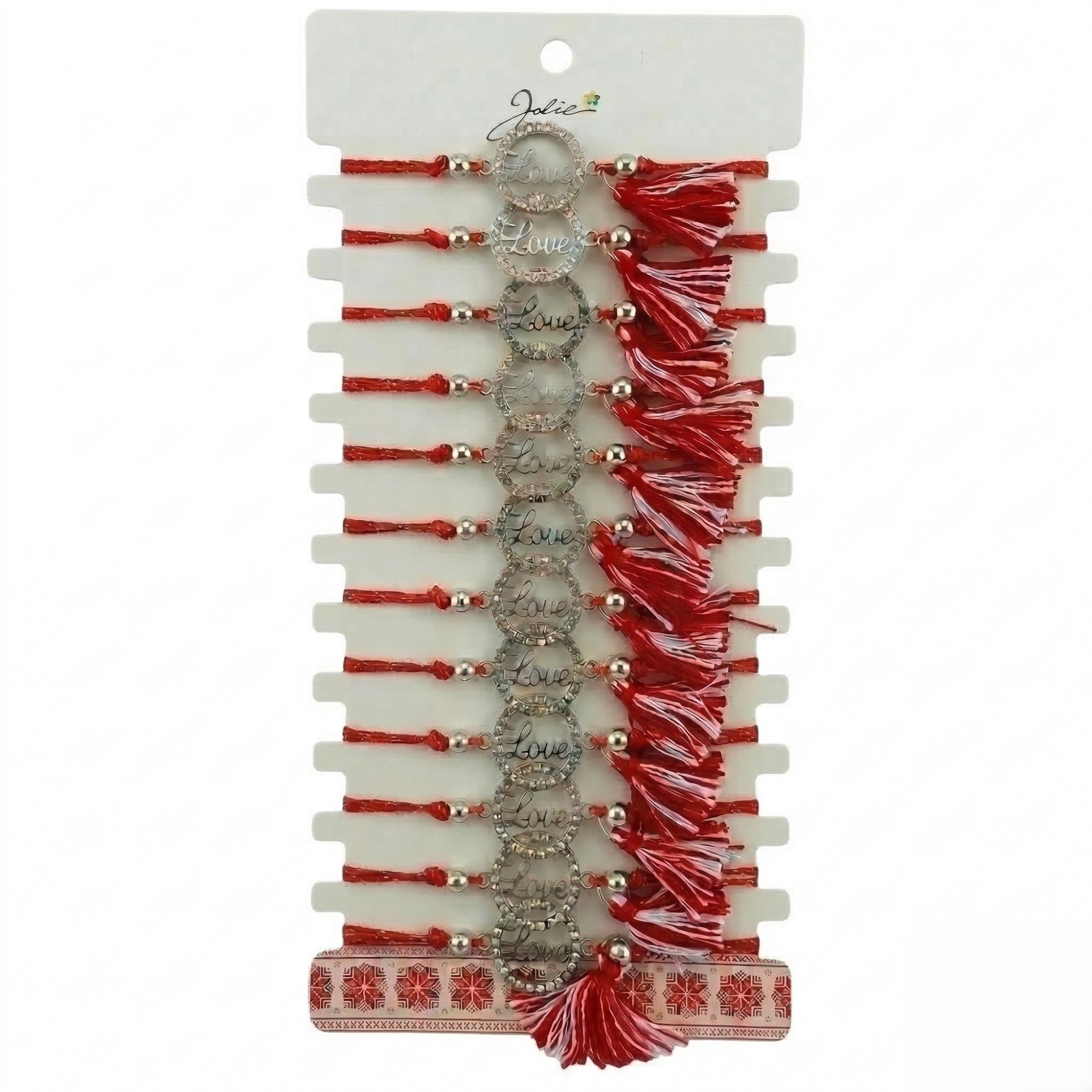 Bratara Martisor pentru Dama, Model Love, Set 12 bucati, Pandativ din Aliaj cu Cristale, Snur Ajustabil Impletit, Alb/Rosu