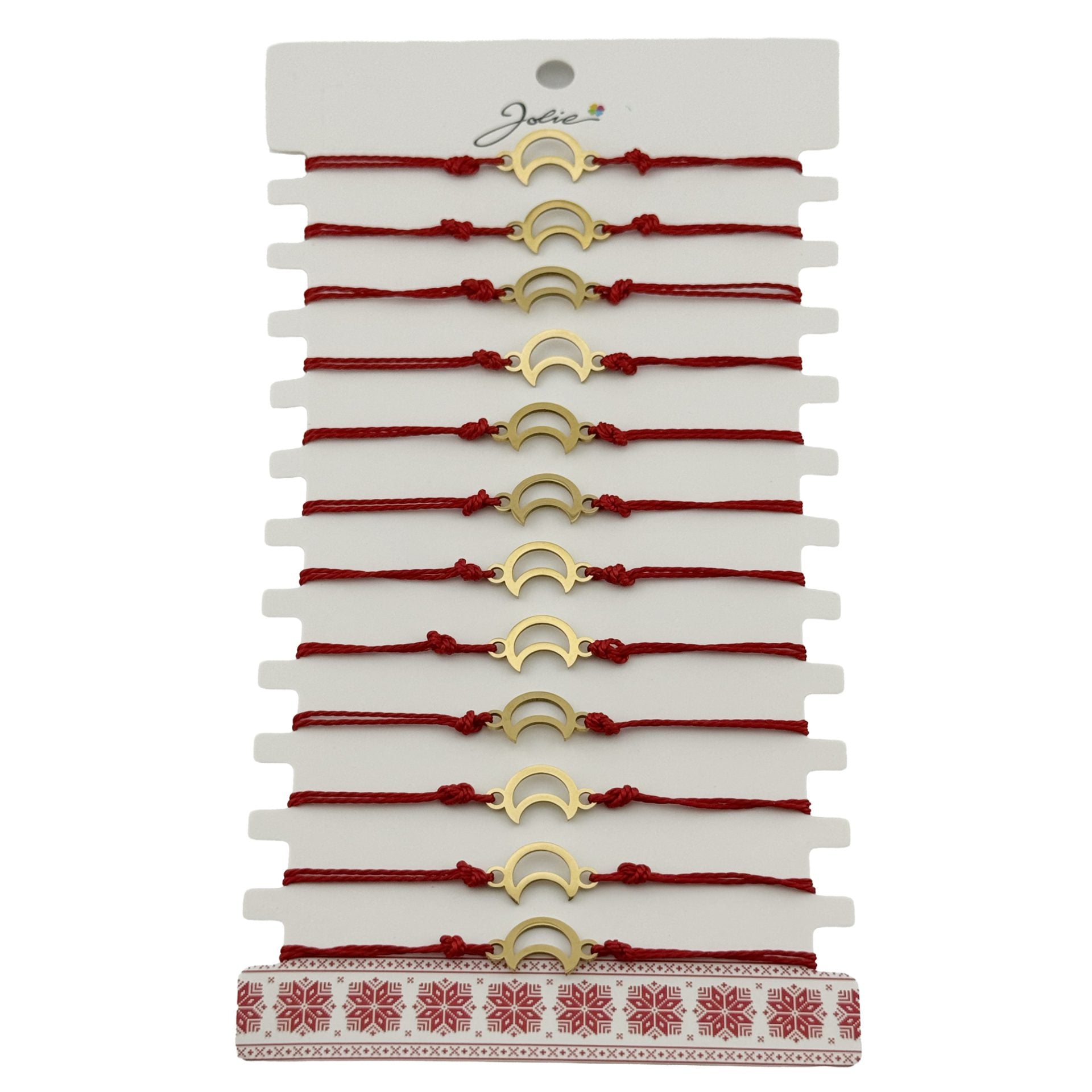 Bratara Martisor pentru Dama, Model Luna Contur, Set 12 bucati, Pandativ din Inox Auriu, Snur Ajustabil Impletit, Rosu
