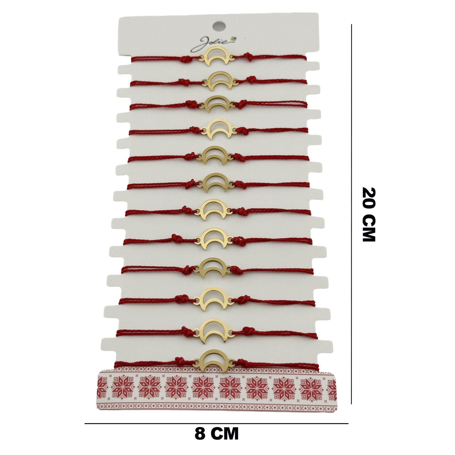 Bratara Martisor pentru Dama, Model Luna Contur, Set 12 bucati, Pandativ din Inox Auriu, Snur Ajustabil Impletit, Rosu