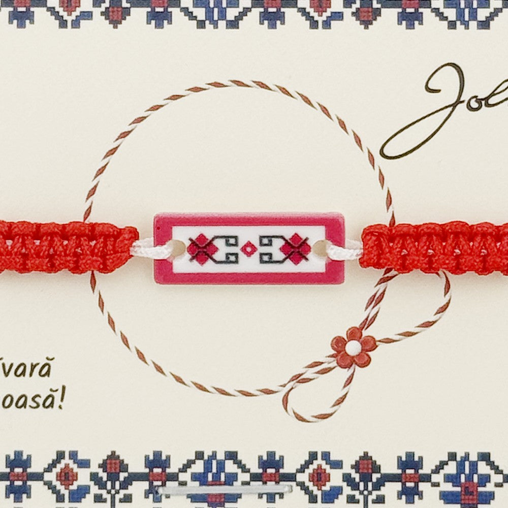 Martisor Traditional Bratara Norocoasa, Model Traditional, Bratara Martisor pentru Copii, din Plastic/Textil, Snur Alb/Rosu
