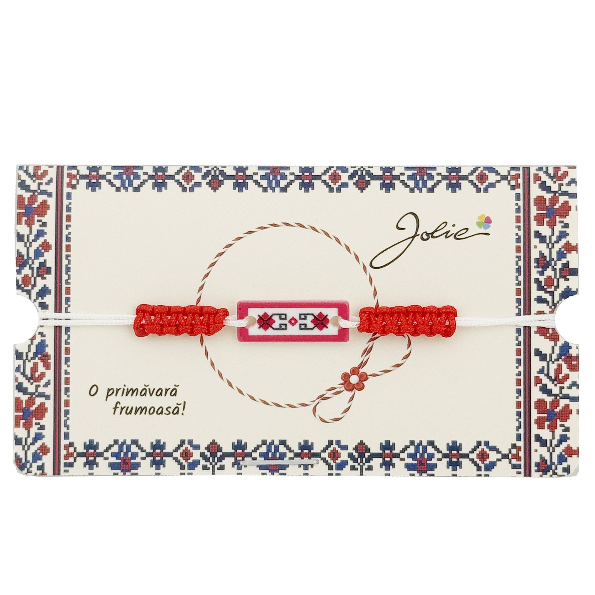 Martisor Traditional Bratara Norocoasa, Model Traditional, Bratara Martisor pentru Copii, din Plastic/Textil, Snur Alb/Rosu