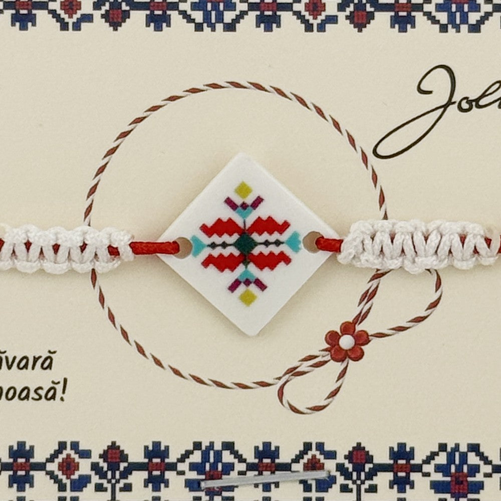 Martisor Traditional Bratara Norocoasa, Model Romb Multicolor, Bratara Martisor pentru Copii, din Plastic/Textil, Snur Alb/Rosu