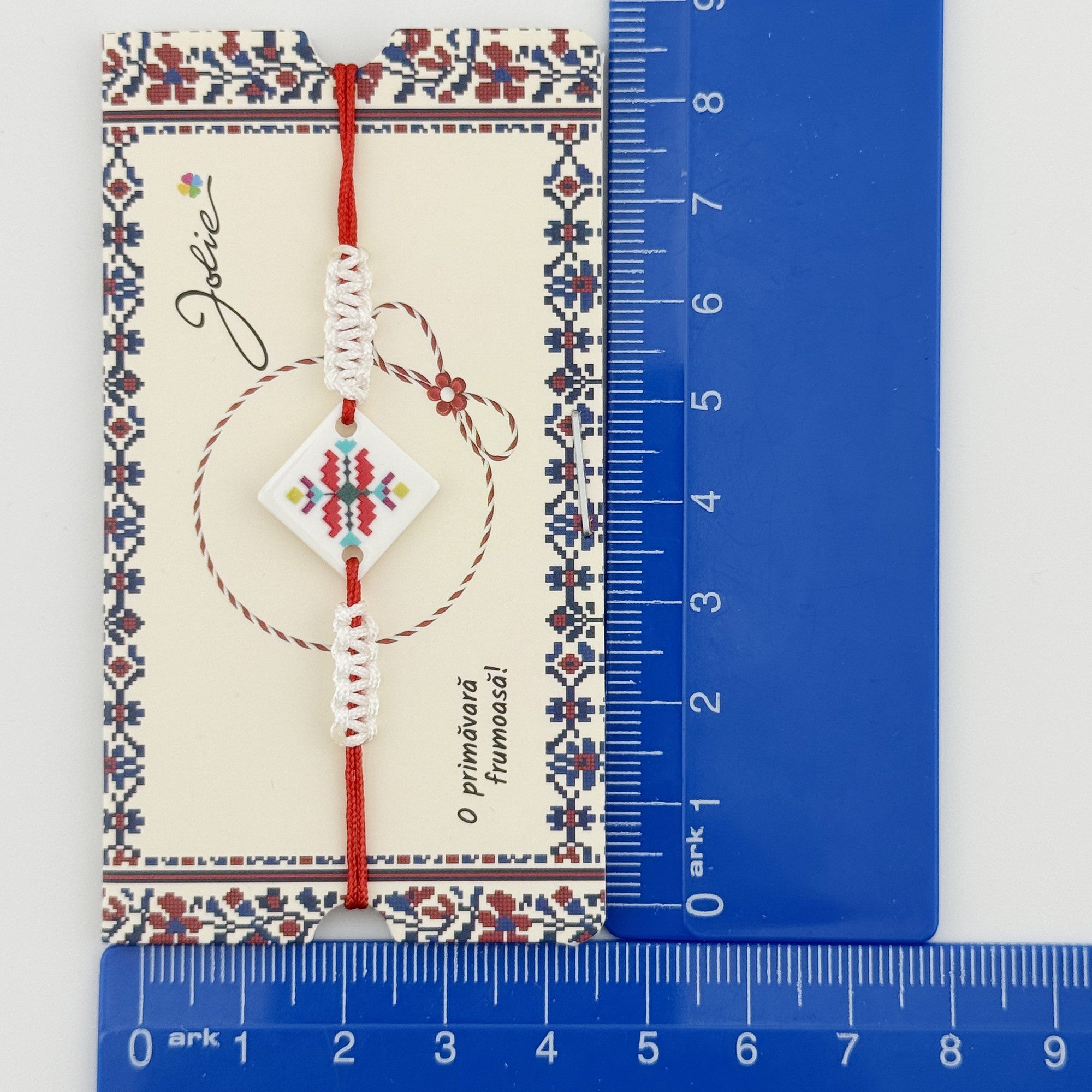 Martisor Traditional Bratara Norocoasa, Model Romb Multicolor, Bratara Martisor pentru Copii, din Plastic/Textil, Snur Alb/Rosu