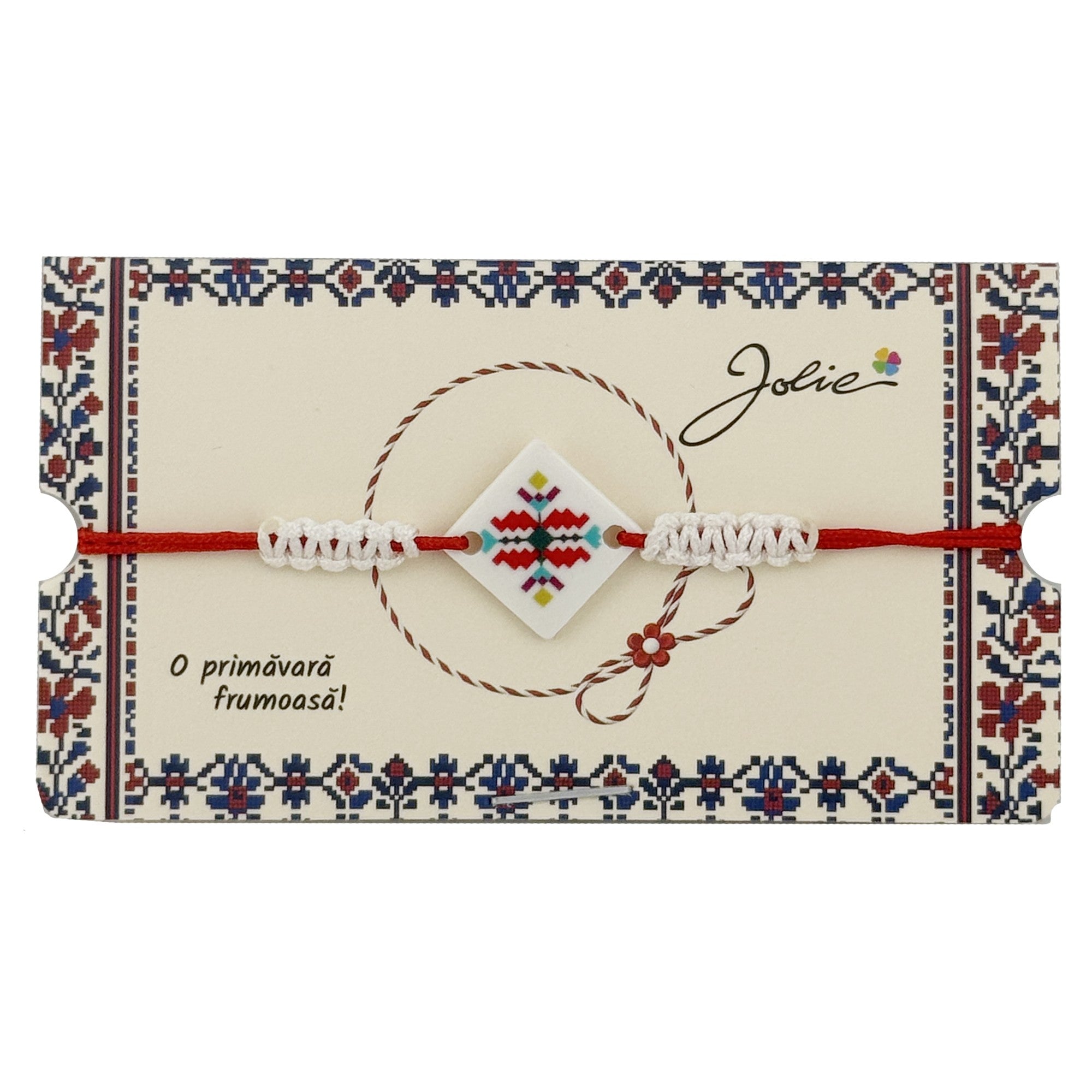 Martisor Traditional Bratara Norocoasa, Model Romb Multicolor, Bratara Martisor pentru Copii, din Plastic/Textil, Snur Alb/Rosu