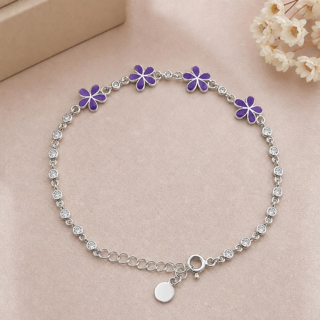 Brățară pentru Copii din Argint 925, Model Flori, cu Email Mov și Pietre de Zirconiu, Lungime 21 cm, 4.5 g, Argintiu
