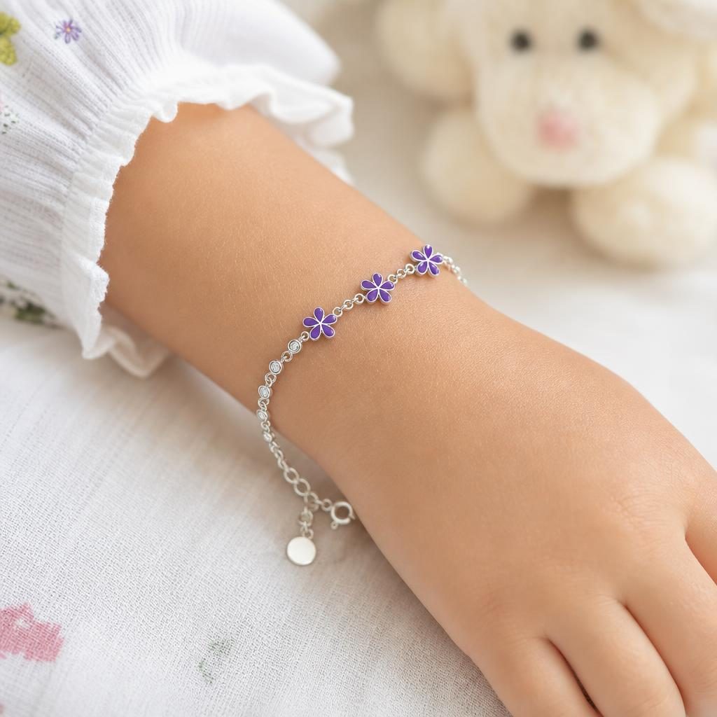 Brățară pentru Copii din Argint 925, Model Flori, cu Email Mov și Pietre de Zirconiu, Lungime 21 cm, 4.5 g, Argintiu