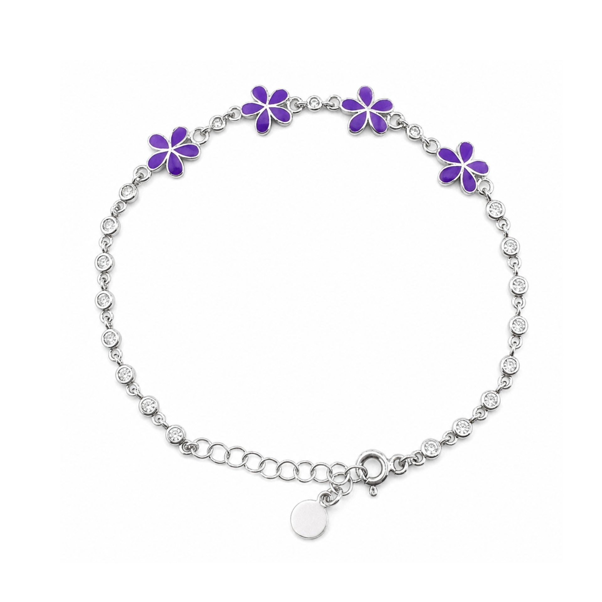 Brățară pentru Copii din Argint 925, Model Flori, cu Email Mov și Pietre de Zirconiu, Lungime 21 cm, 4.5 g, Argintiu