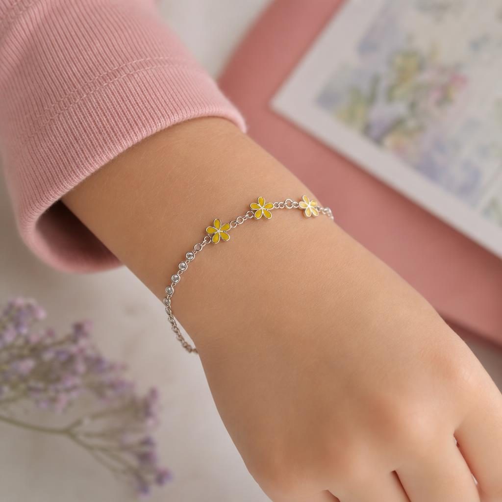 Brățară pentru Copii din Argint 925, Model Flori, cu Email Galben și Pietre de Zirconiu, Lungime 21 cm, 4.6 g, Argintiu